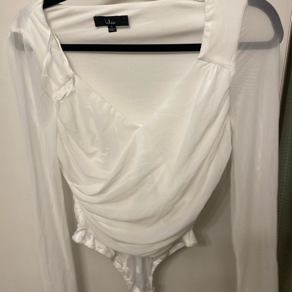 Lulu's Elegant White Draped Bodysuit